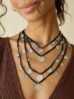 Silver Metal Coin Corded Rope Layered Statement Bib Necklace